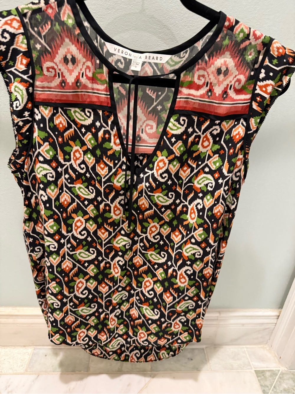Veronica Beard Black Multicolor Ikat-Print Sleeveless Tank